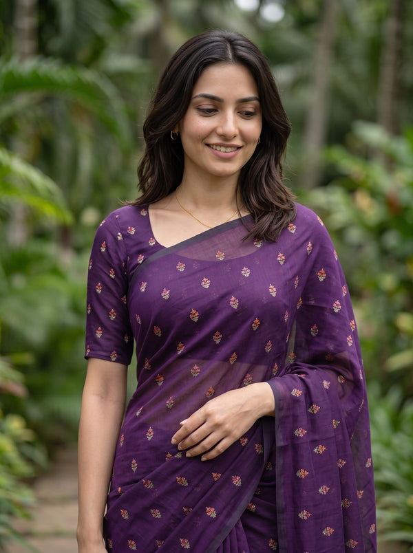 Cotton Silk Purple Saree with Zari Geometric Patterned Pallu