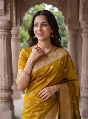 Banarasi Mustard Yellow Saree with Golden Floral Motifs and Intricate Zari Border & Pallu