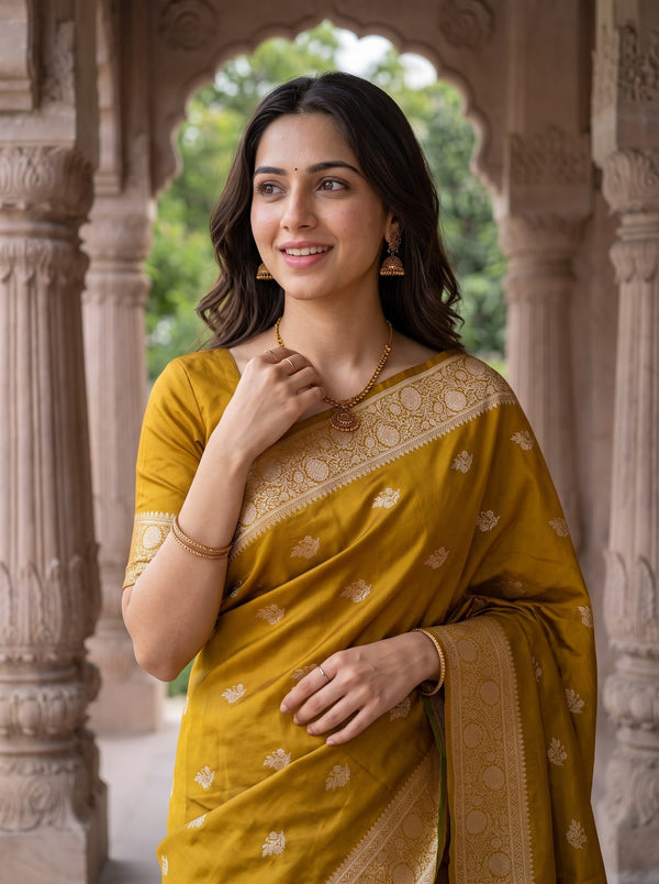 Banarasi Mustard Yellow Saree with Golden Floral Motifs and Intricate Zari Border & Pallu
