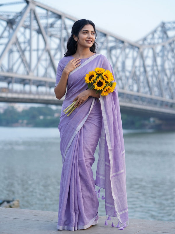 Pure Linen Lavender Saree with Silver Pinstripe Pallu