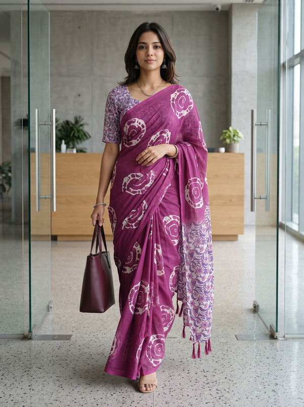 Cotton Magenta Saree with Purple Floral Vine Pallu