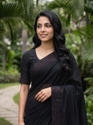 Kota Doria Black Red Circular Chevron Motif Saree