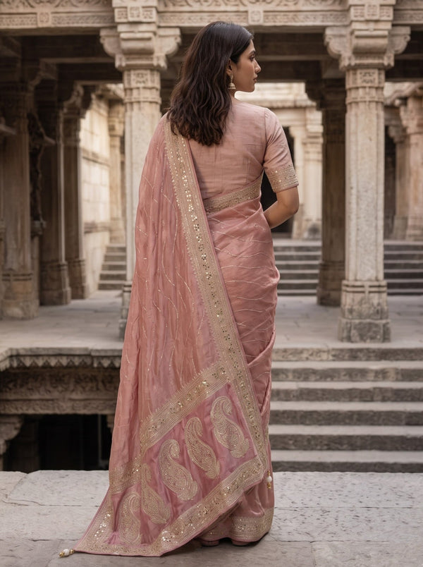 Banarasi Dusty Pink Stone Work Paisley Pallu Saree