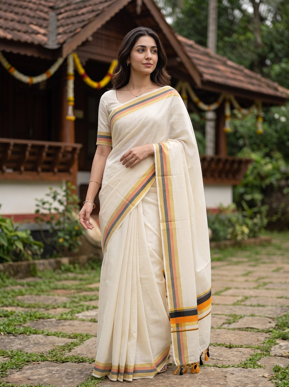 A woman wearing a cream-colored cotton saree with yellow, orange, and blue striped borders, standing outdoors in front of a traditional house.