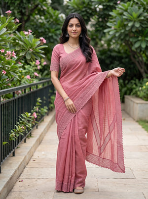 Cotton Linen Coral Pink Saree with Lace Border and V-Shaped Lace Detailing In pallu