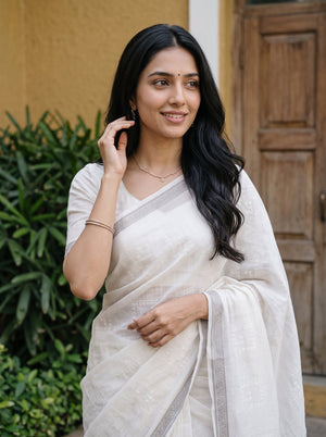 Cotton White Saree with Woven Square Dot Motifs and Beige Striped Pallu