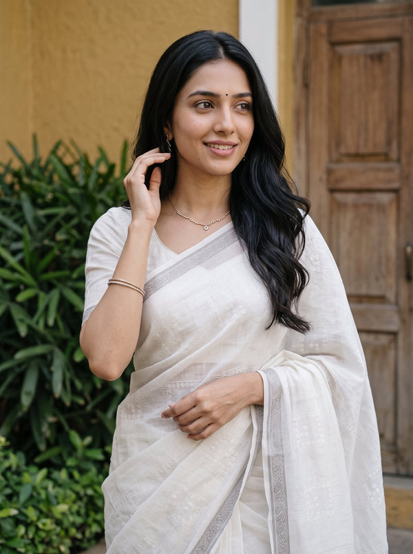 Cotton White Saree with Woven Square Dot Motifs and Beige Striped Pallu