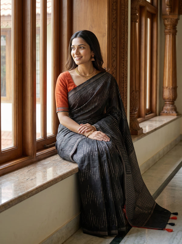 Matka Silk Black Gold Zigzag Dotted Chevron Pallu