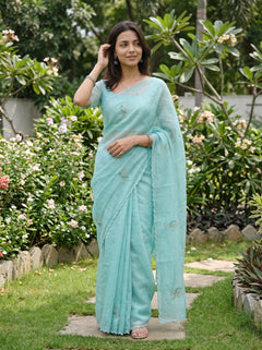 Linen Mint Beaded Peacock Motif Saree with Scalloped Border
