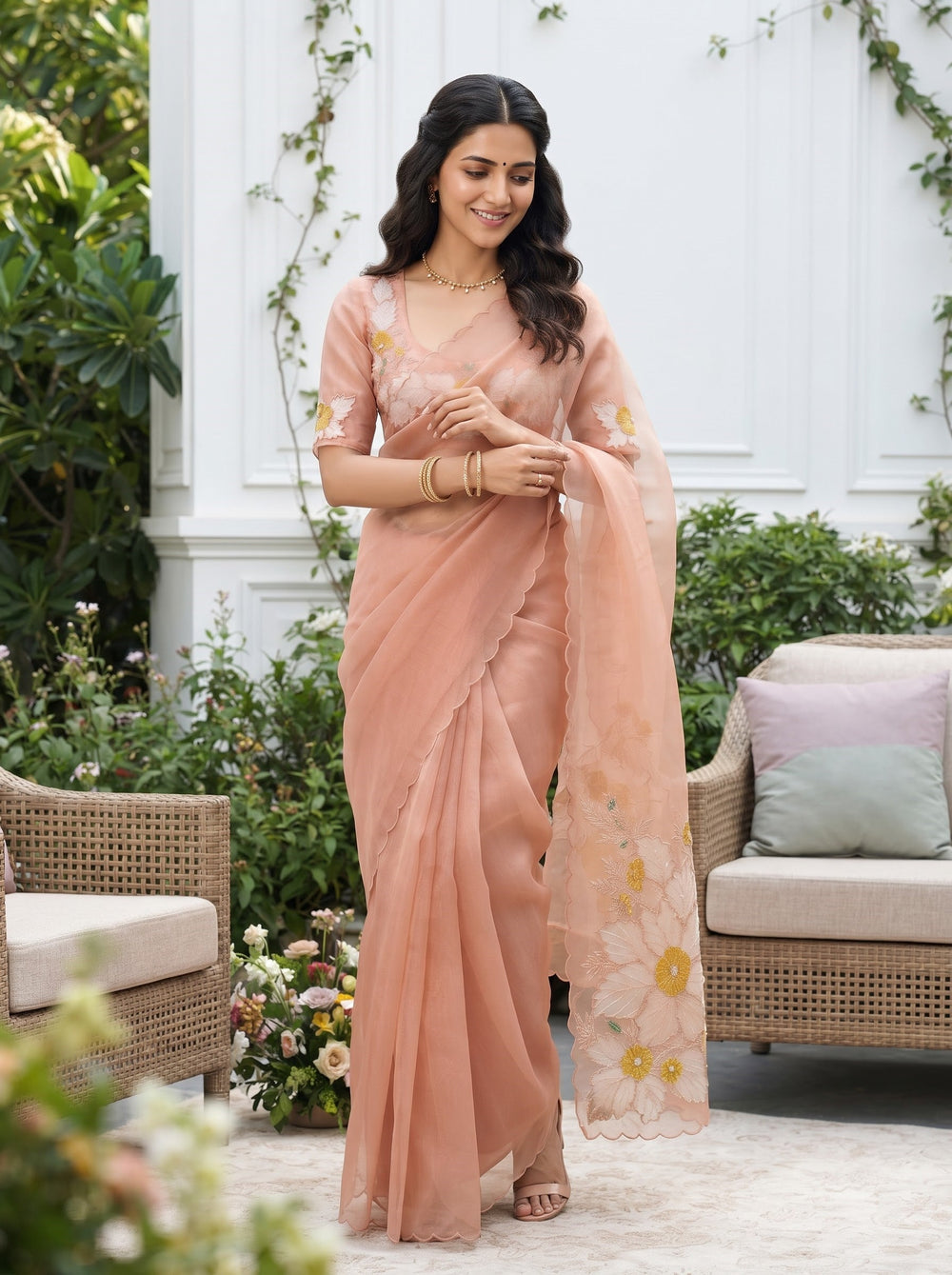 Organza Rust Peach Floral Bouquet Embroidery Beaded Pallu