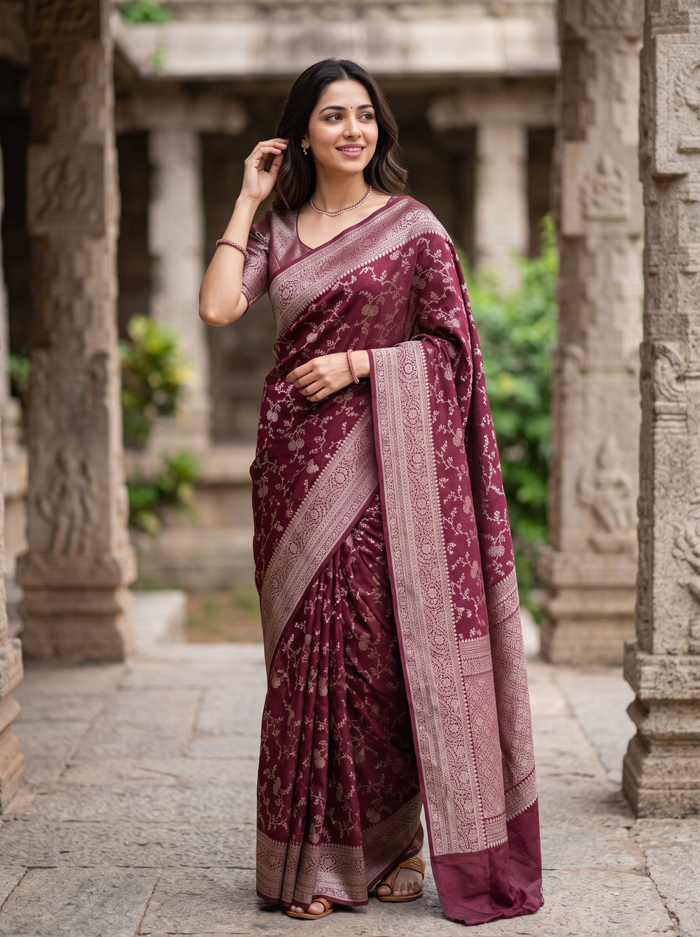 Banarasi Silk Maroon and Zari Floral Branch Saree