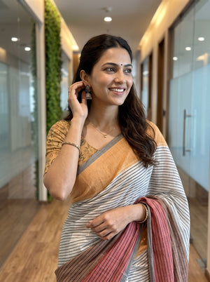 Cotton Rust-Grey Striped Saree with Solid Mustard Pallu