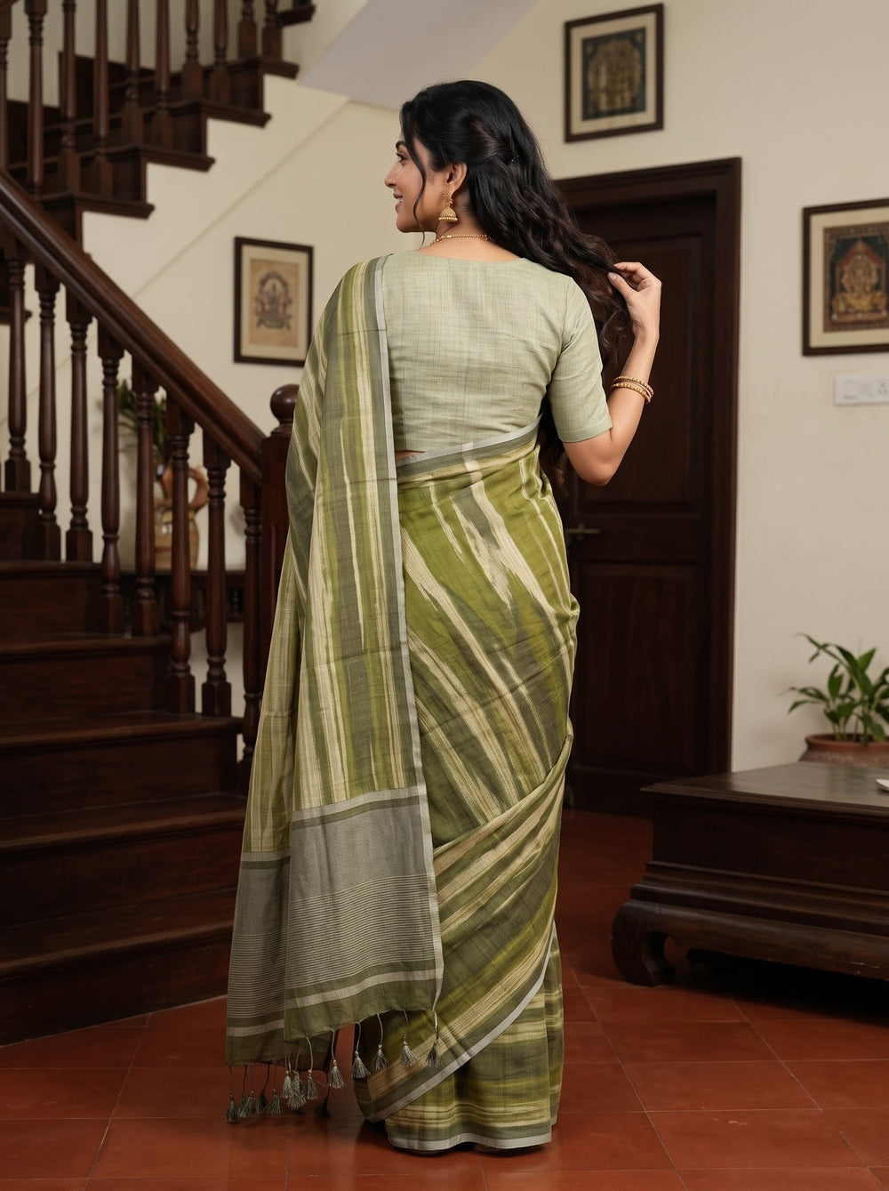 Linen Olive Green Abstract Tie-Dye Print Saree