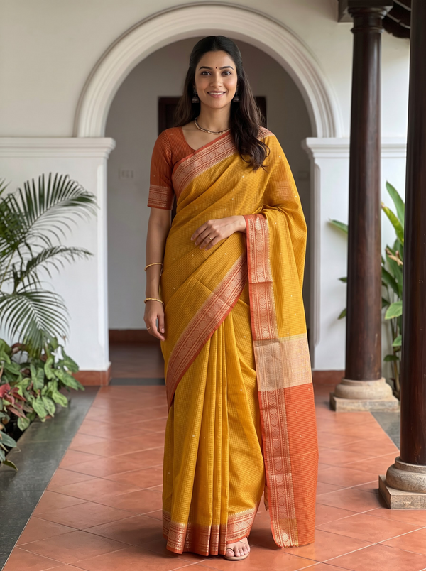 Semi Chanderi Silk Golden Yellow Checkered Rust Orange Zari Border Saree