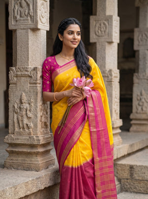Semi Silk Yellow Pink Dual Tone Butta Saree