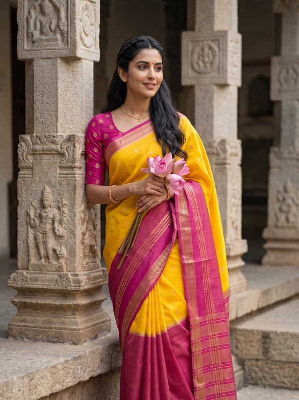 Semi Silk Yellow Pink Dual Tone Butta Saree