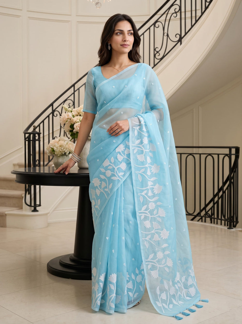 Organza Sky Blue Saree with White Floral Vine Embroidery