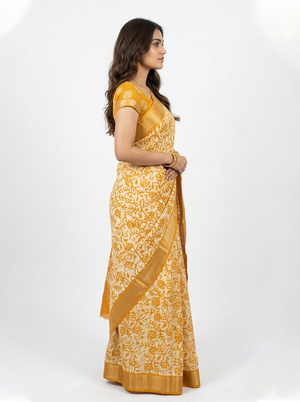 Soft Cotton Mustard Yellow Floral Vine Print Saree with Zari Border