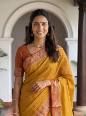 Semi Chanderi Silk Golden Yellow Checkered Rust Orange Zari Border Saree