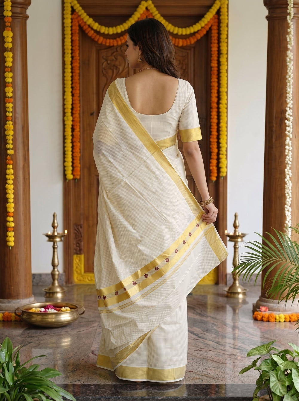 Cotton Cream Checkered  Onam Special Kerala  Saree with Wide Golden Border