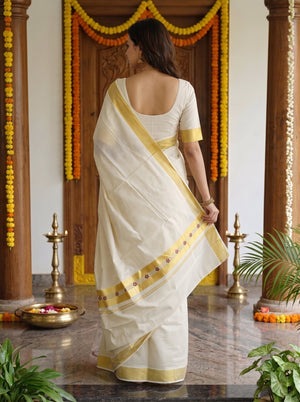 Cotton Cream Checkered  Onam Special Kerala  Saree with Wide Golden Border