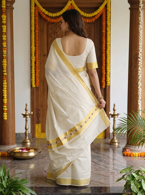 Cotton Cream Checkered  Onam Special Kerala  Saree with Wide Golden Border