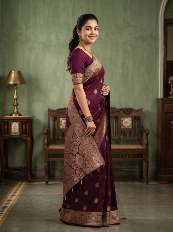 Banarasi Silk Wine Round Motif Saree with Floral Zari Border