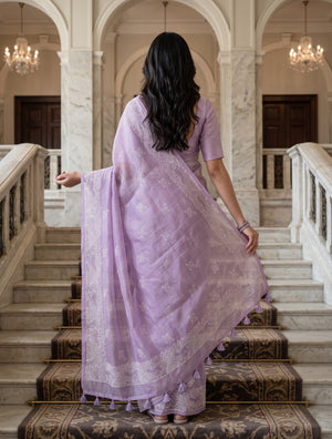 Organza Lilac Saree with Bird Motif Embroidery