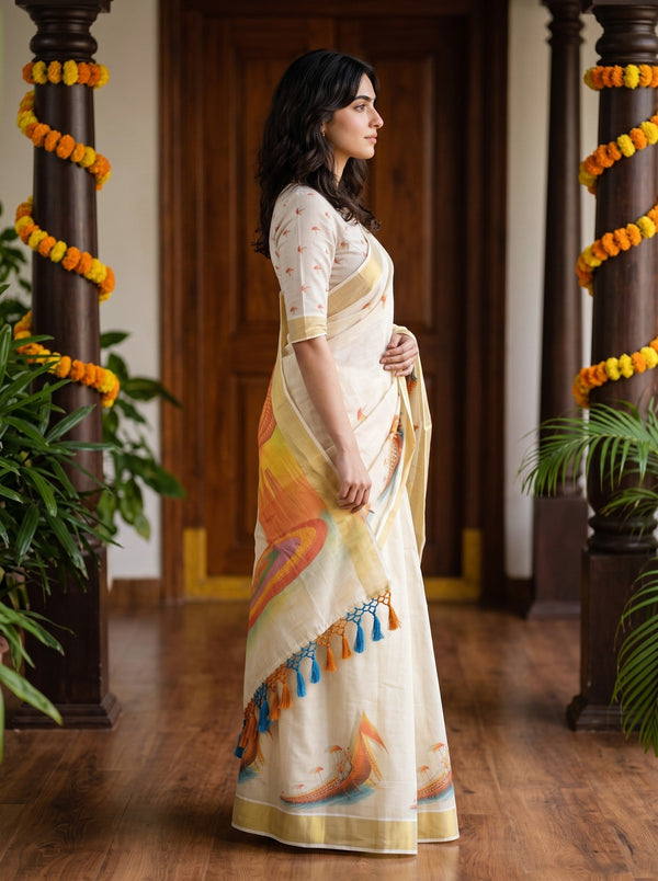 Cotton Cream Kerala Mural Traditional Print Kerala Kasavu Saree