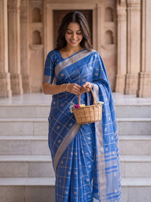 Semi Silk Blue Golden Paisley Border Saree