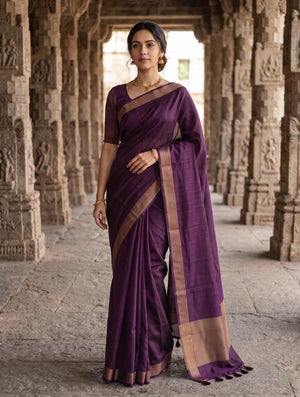 Matka Silk Aubergine Purple Zari Border Saree