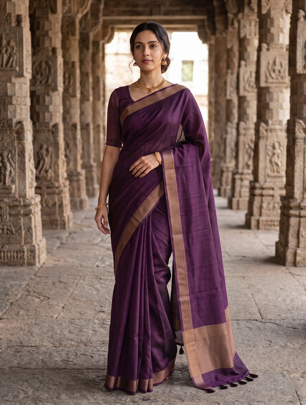 Matka Silk Aubergine Purple Zari Border Saree