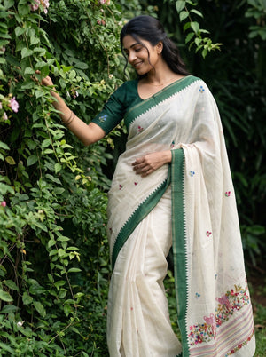 Tissue Saree in Off-White with Colorful Parrot Floral Embroidery