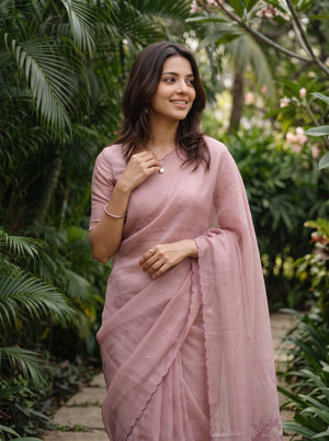 Linen Cotton Dusty Rose Saree with Floral Embroidery and Sequin Work