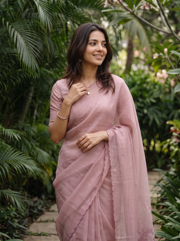 Linen Cotton Dusty Rose Saree with Floral Embroidery and Sequin Work