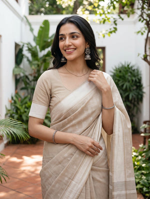 Cotton Off-White Zigzag Self-Tone Print Saree