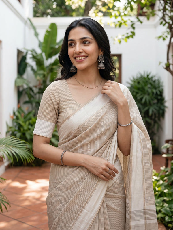 Cotton Off-White Zigzag Self-Tone Print Saree