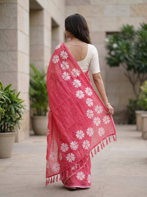 Cotton Linen Saree in Pink with Scattered White Daisy Trim and Pink Tassels