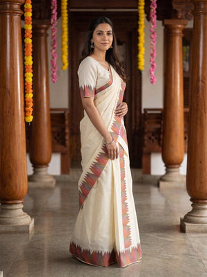 Cotton Cream Multicolor Temple Flame Border Onam Special Set Mundu