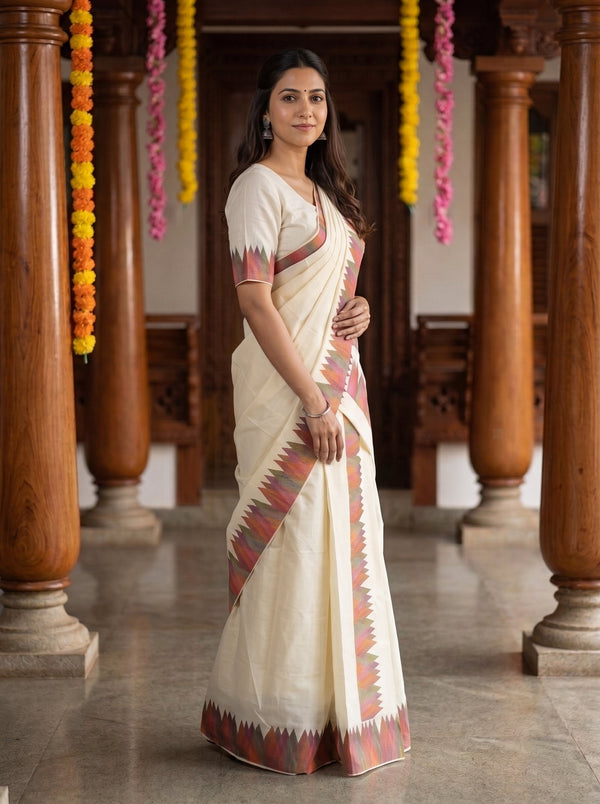 Cotton Cream Multicolor Temple Flame Border Onam Special Set Mundu