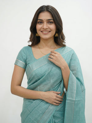 Semi Silk Aqua Blue Textured Stripe Saree