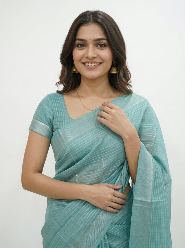 Semi Silk Aqua Blue Textured Stripe Saree