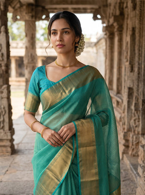 Pure Silk Sea Green Saree with Golden Zari Checks and Rich Zari Border Pallu