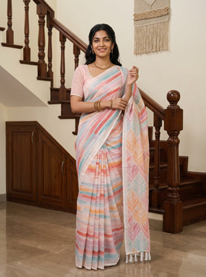 Cotton White Saree with Watercolor Leaf Trellis Print