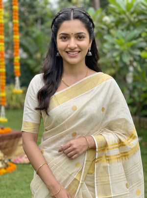Tissue Cream Golden Polka Dot Zigzag Pallu Onam Kerala Saree