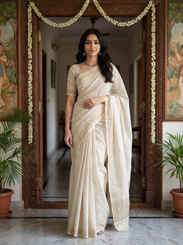 Tissue Cream Pinstripe Saree with Plain Border Onam Special Kerala Saree