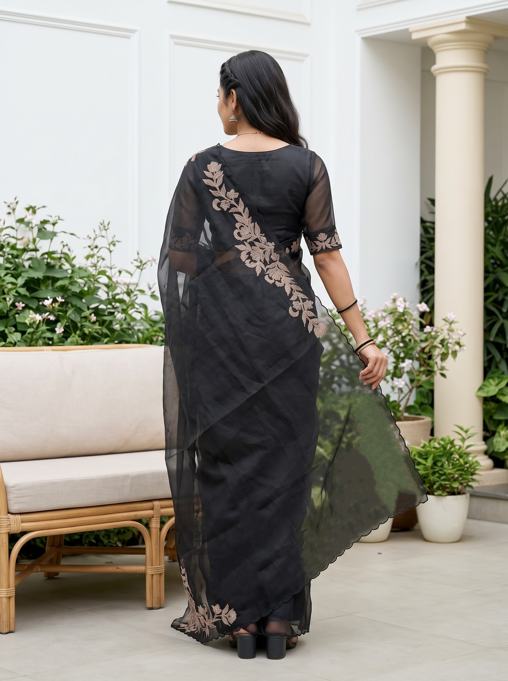 Organza Black Zari Floral Vine Applique Embroidered Pallu Saree