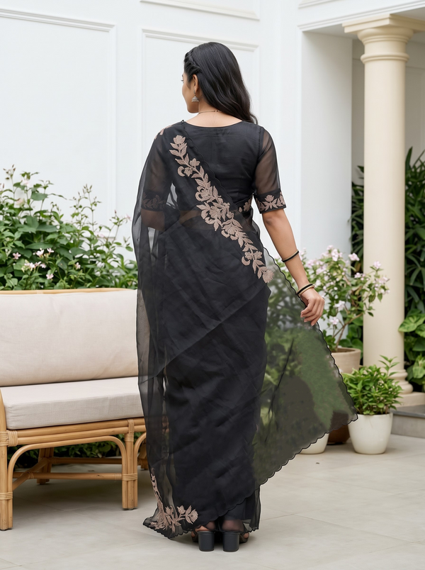 Organza Black Zari Floral Vine Applique Embroidered Pallu Saree