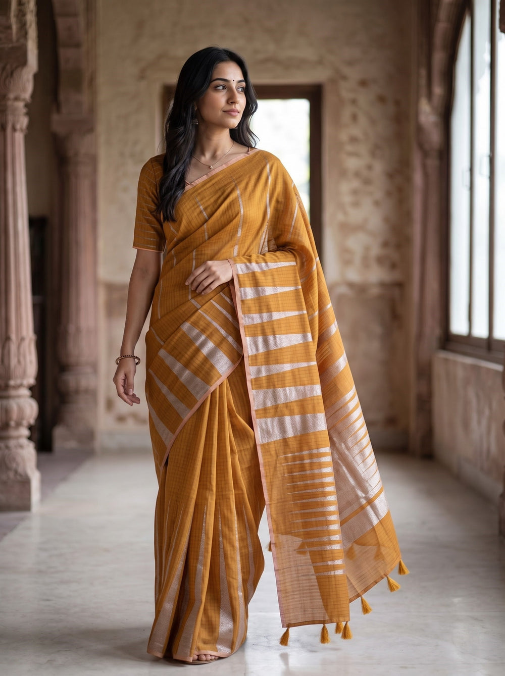 Matka Silk Mustard Golden Silver Ikat Flame Weave Saree