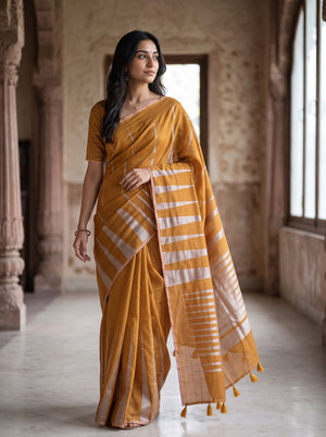Matka Silk Mustard Golden Silver Ikat Flame Weave Saree